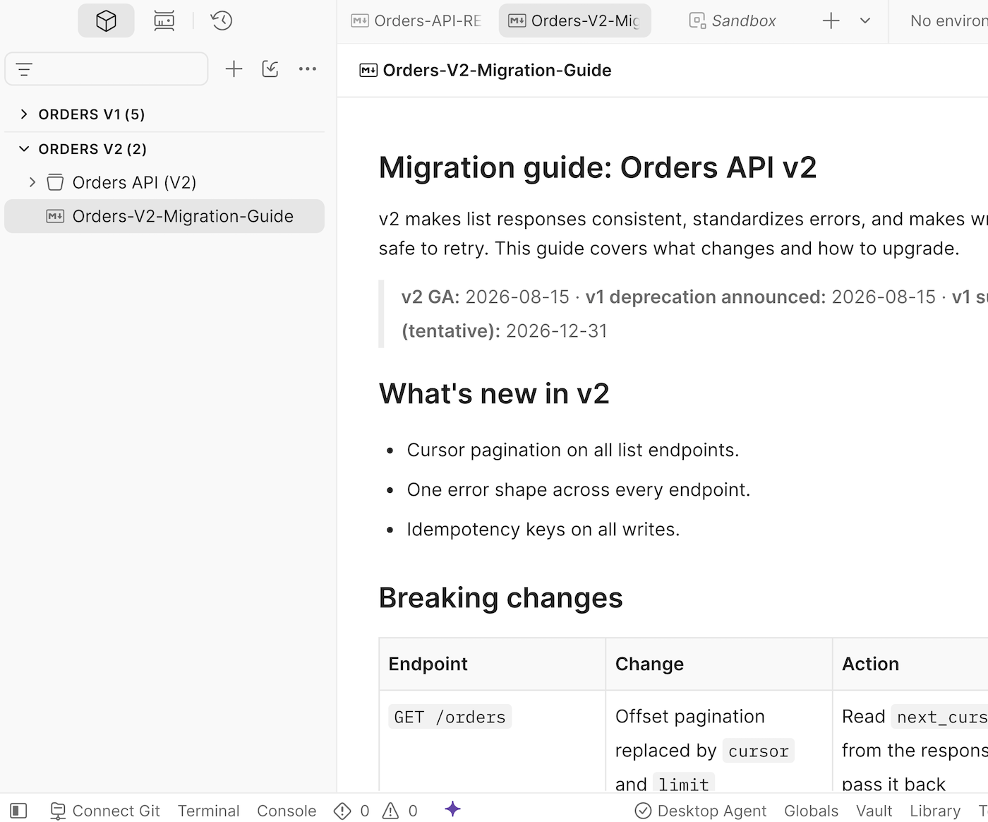 Orders API v2 migration guide open as a Document in Postman